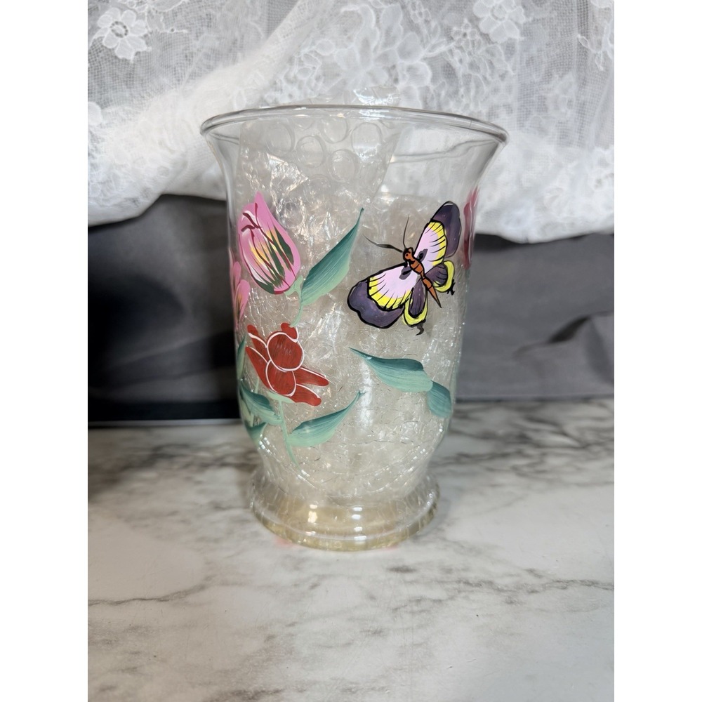 Fifth Avenue Crystal Tulip Hurricane Crackle Glass Candle Holder Butterfly(3122)